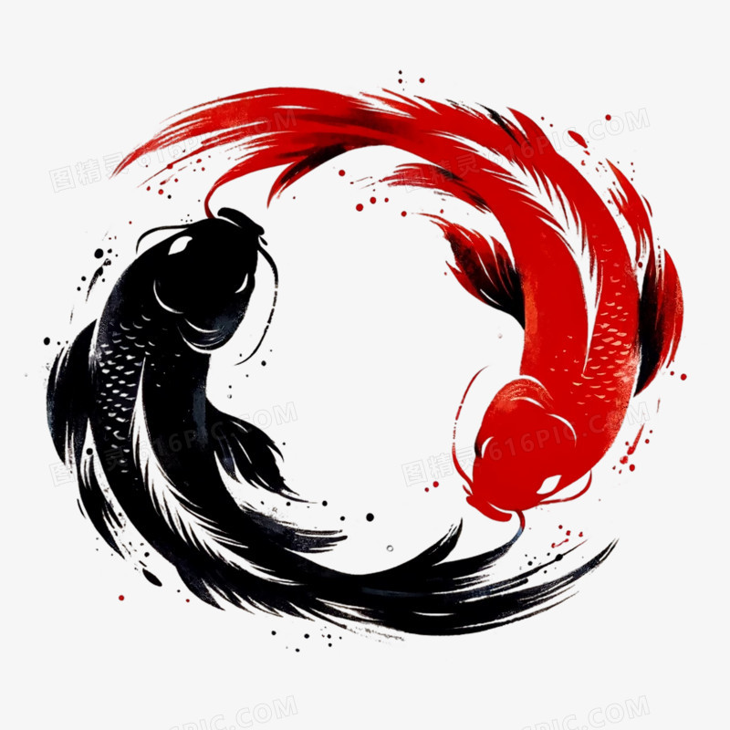 黑红锦鲤水墨中国风插画