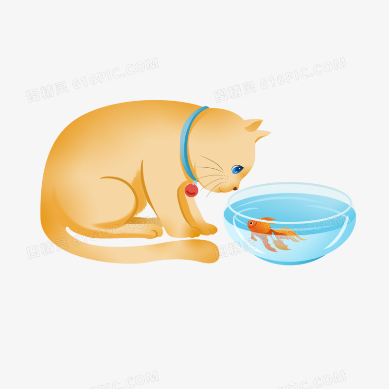 手绘插画小猫和鱼元素