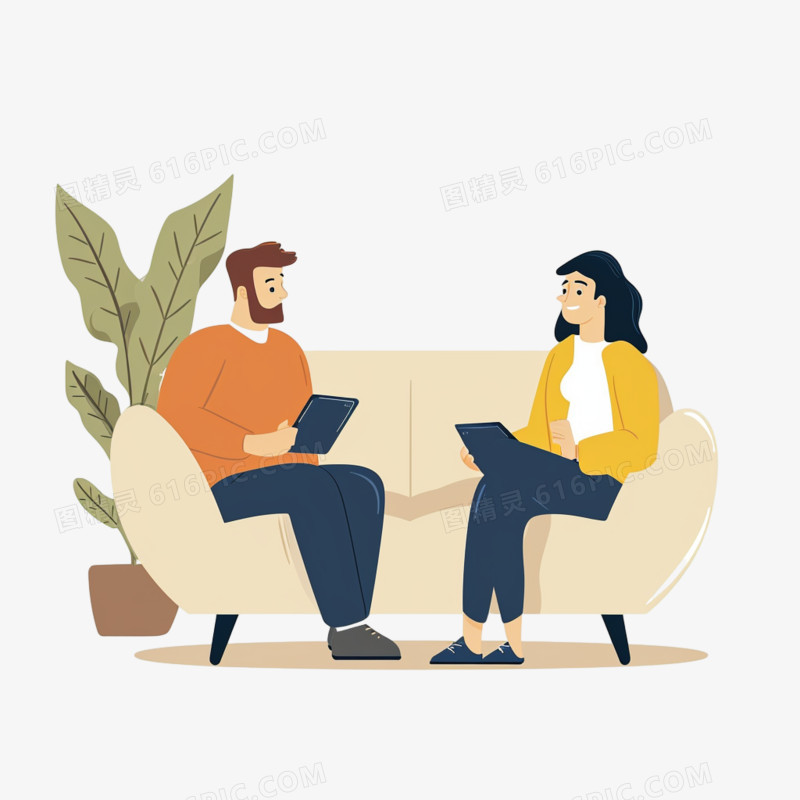 扁平男性和女性在沙发上放松的交谈