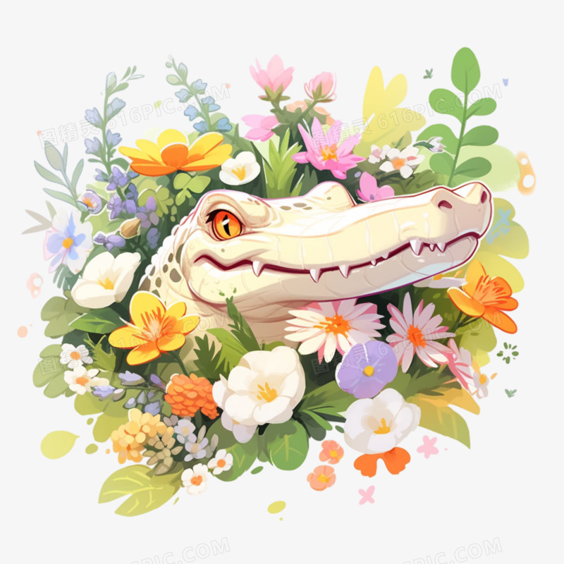 可爱鳄鱼在花丛中免抠元素