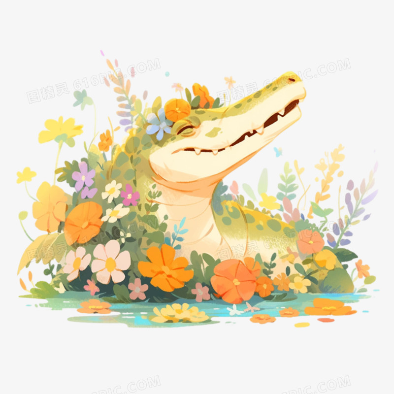 可爱鳄鱼在花丛中免抠元素