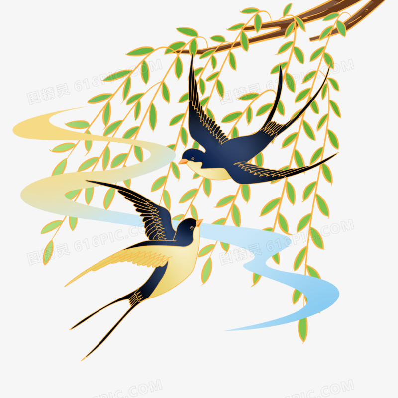 手绘国潮风双燕和植物元素