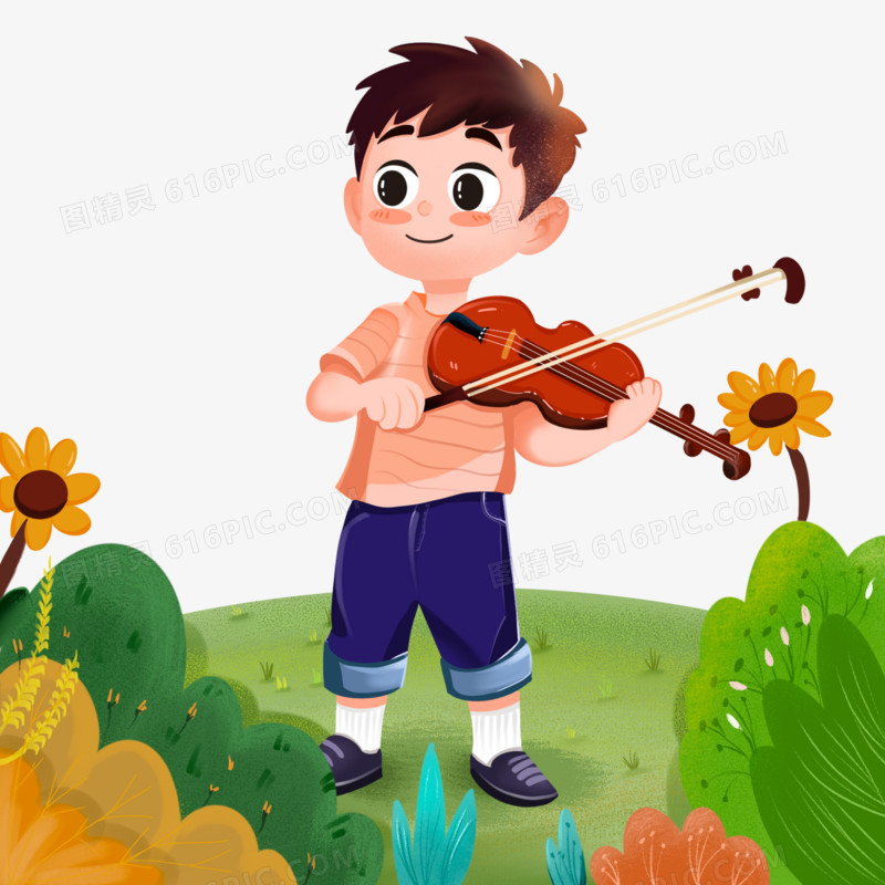 手绘小男孩拉小提琴场景元素
