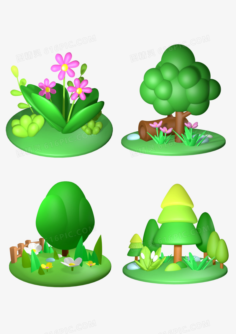 一组3D春季场景植物小树花草小场景合集元素