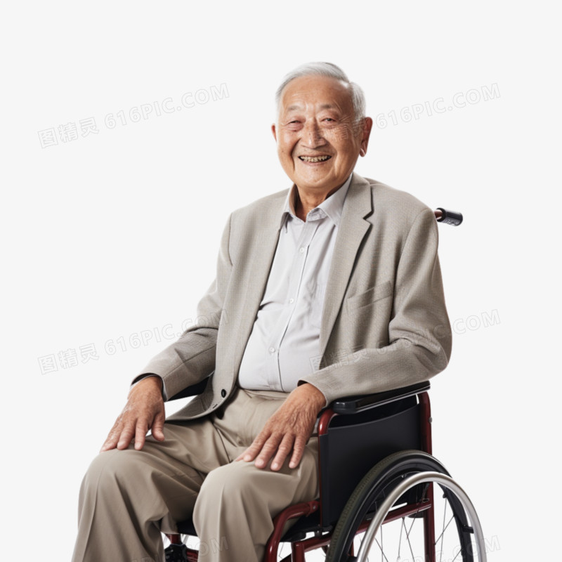 真人老年人坐在轮椅上免抠元素