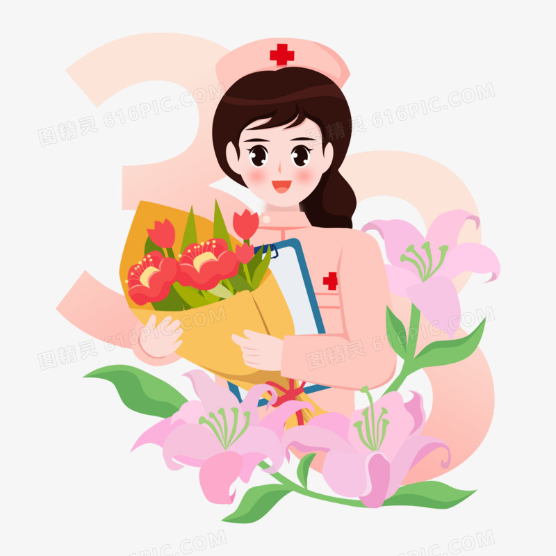 矢量卡通女医护护士和鲜花免抠元素