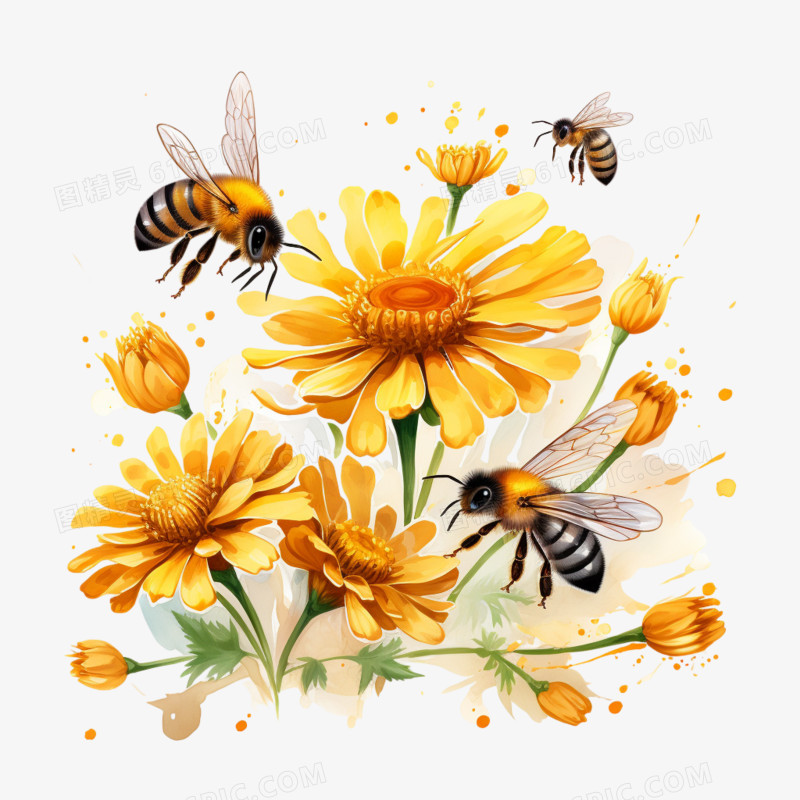 插画野菊花和小蜜蜂免抠素材