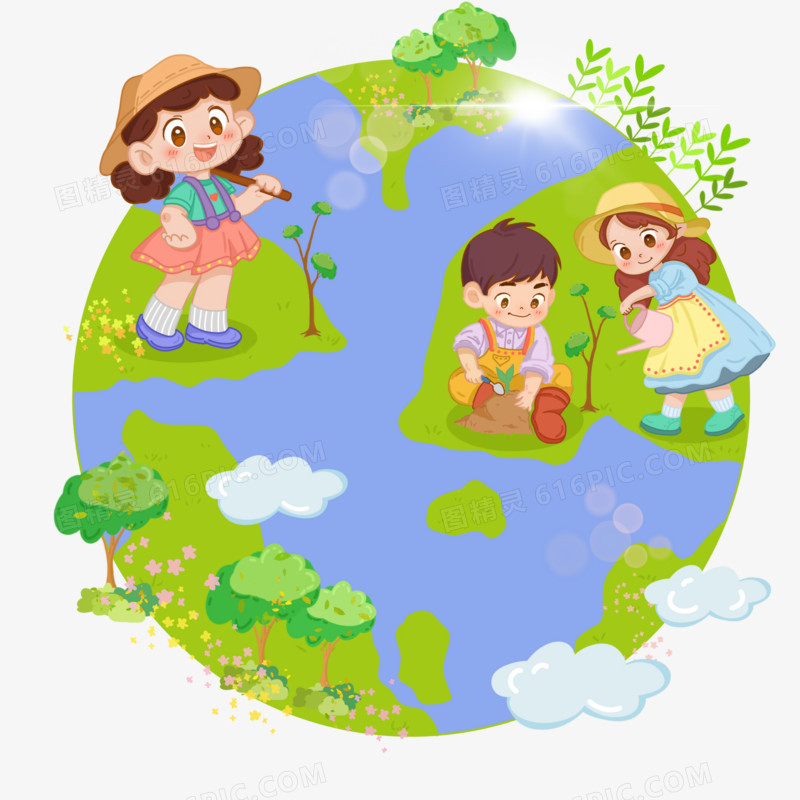 手绘创意小朋友在地球上植树免抠元素