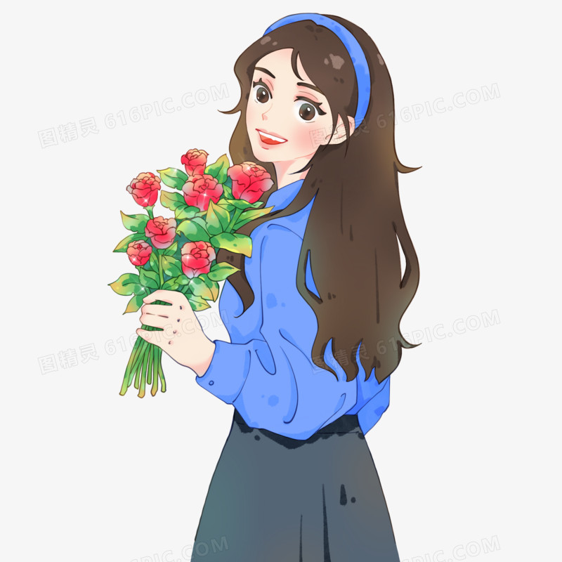 手绘青春少女手捧花元素