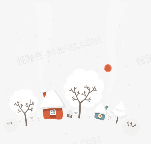 矢量冬天雪花覆盖树木房子手绘