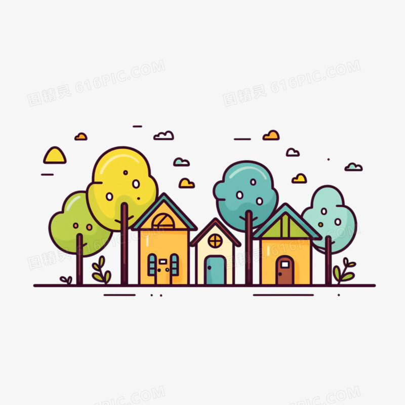 春天简笔画房屋树木免抠元素