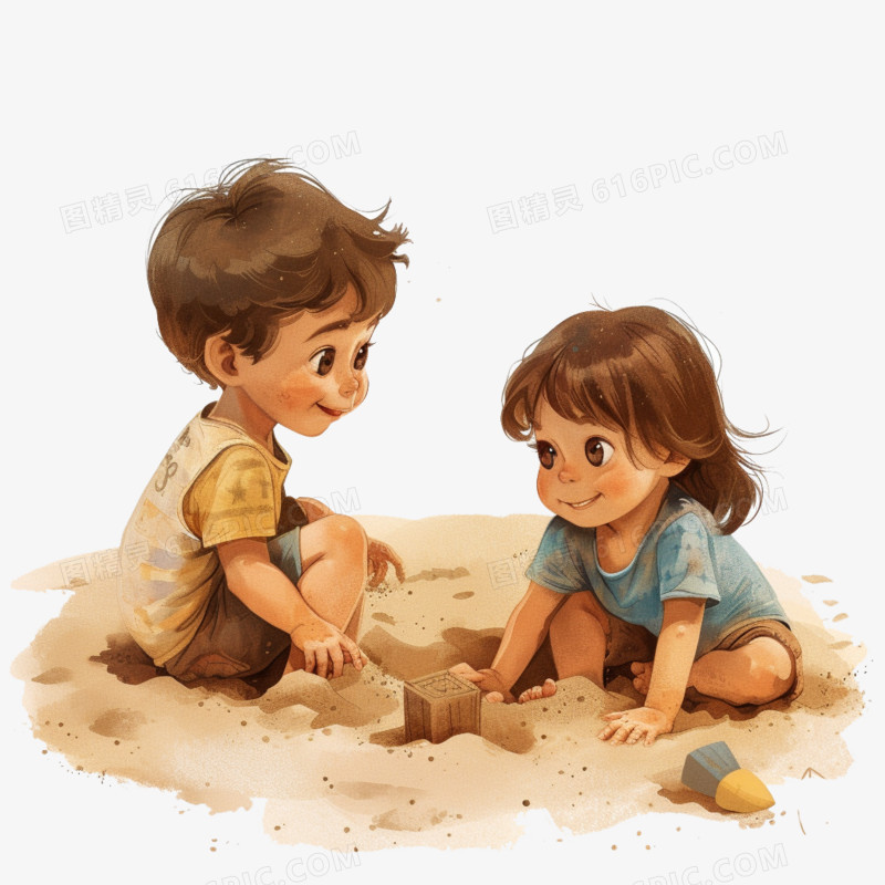 小朋友沙滩玩沙免抠元素