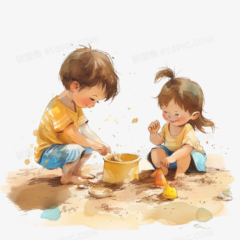 小朋友海边玩沙免抠元素