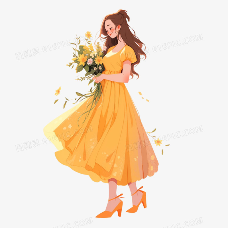 穿黄裙手捧鲜花的女孩免抠元素