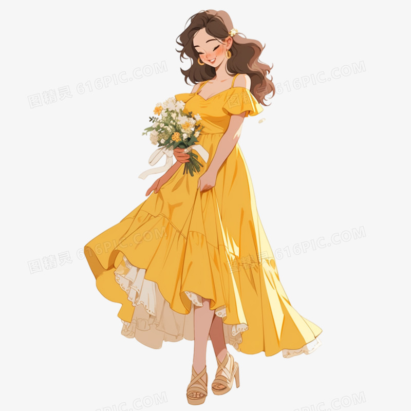 穿黄裙手捧鲜花的女孩免抠元素