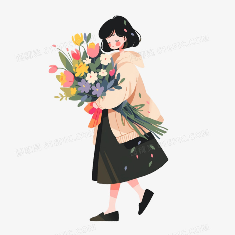 插画拿手捧花的年轻女性免抠元素