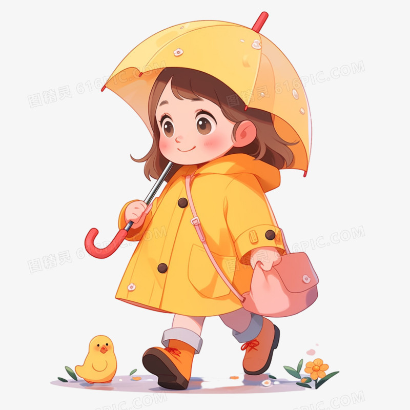 插画身穿雨衣的小朋友在打伞