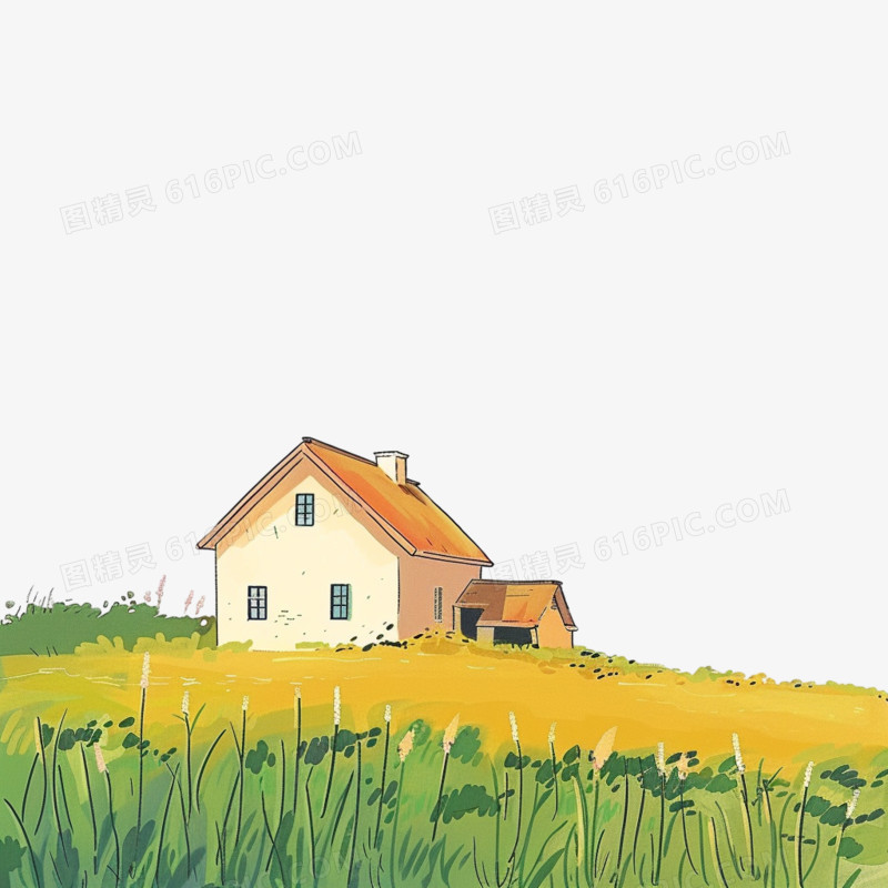 春天草地和房子插画