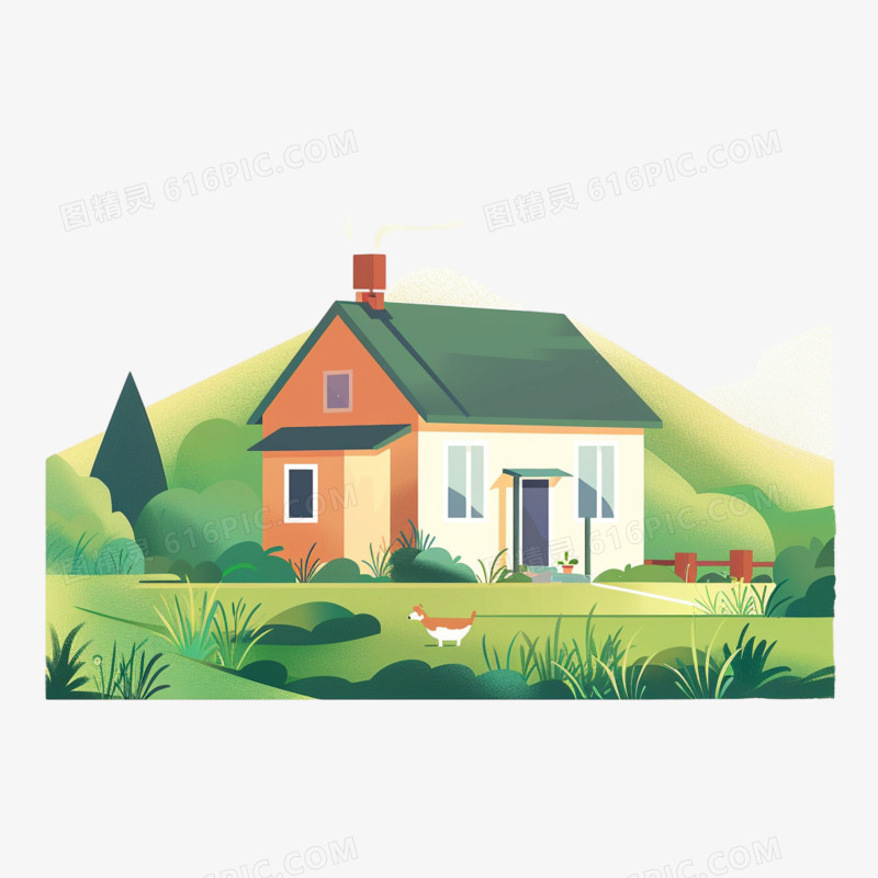 春天草地和房子插画