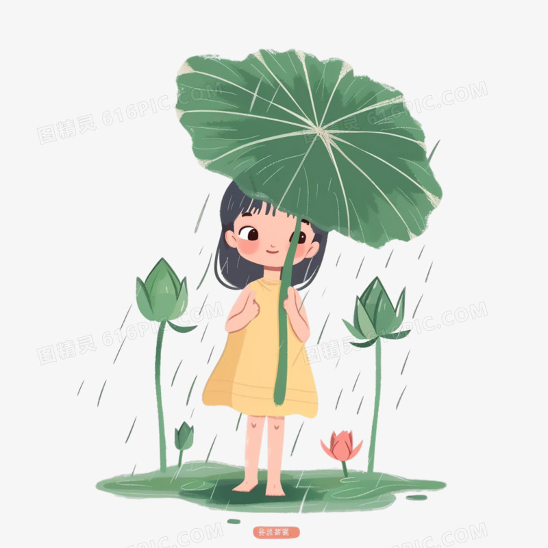 一个小女孩拿着荷叶遮雨