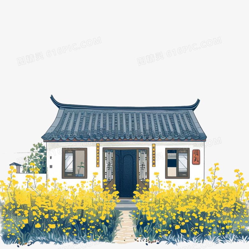 春天油菜花和房子插画