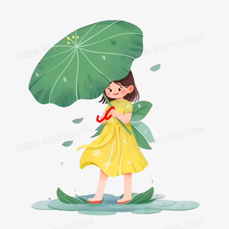 一个小女孩拿着荷叶遮雨