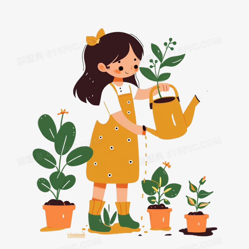 儿插风格人物给植物浇水