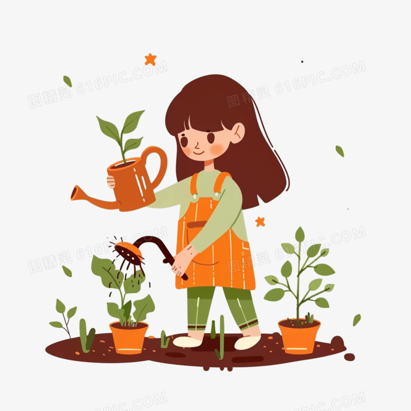 儿插风格人物给植物浇水
