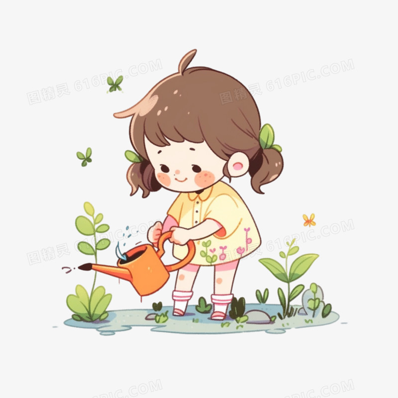 儿插风格人物给植物浇水