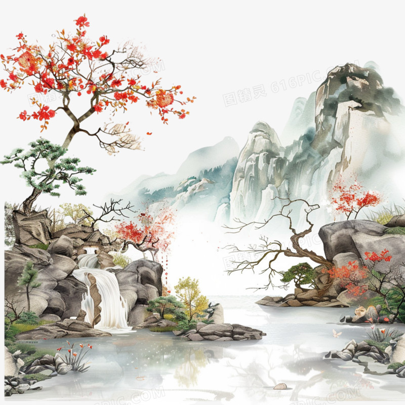 中国风山水庭院画免抠元素