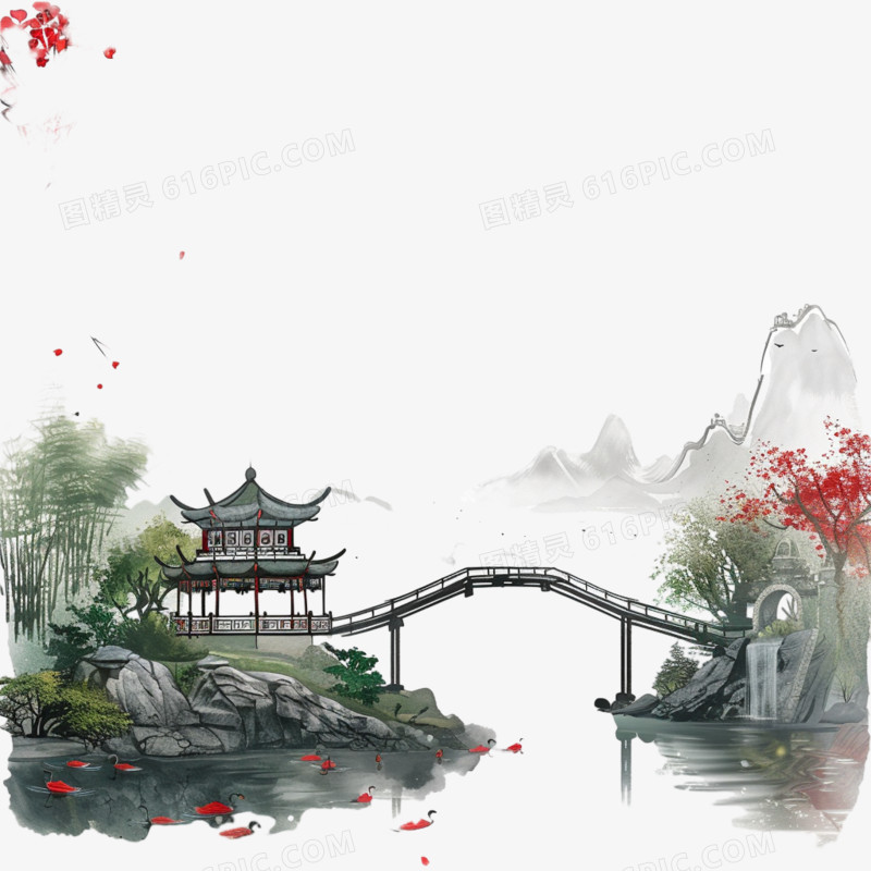 中国风山水庭院画免抠元素