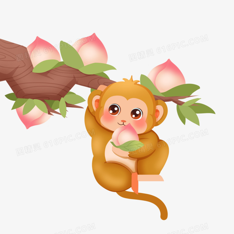 创意插画可爱猴子偷桃子元素