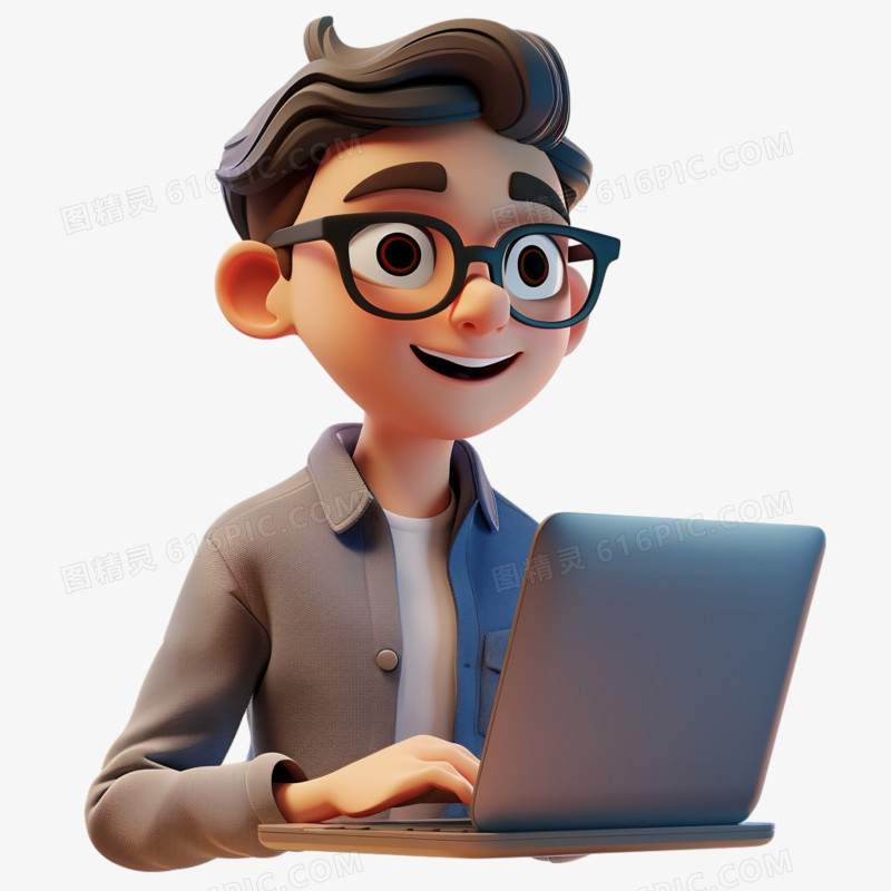 3d插画男生使用笔记本电脑免抠素材
