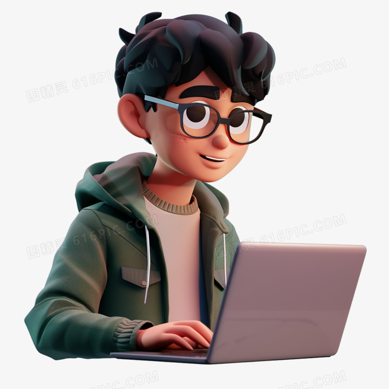 3d插画男生使用笔记本电脑免抠素材