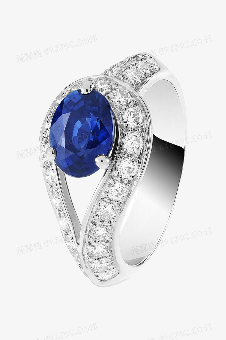 产品实物单颗蓝宝石碎钻环绕戒指