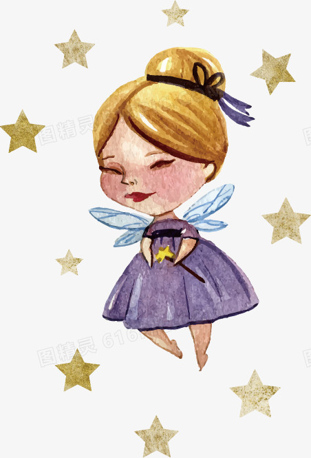 矢量手绘插画拿着仙女棒带翅膀的小仙女