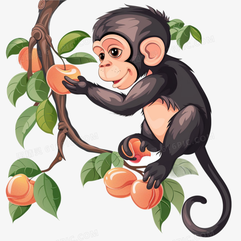 插画可爱猴子摘桃