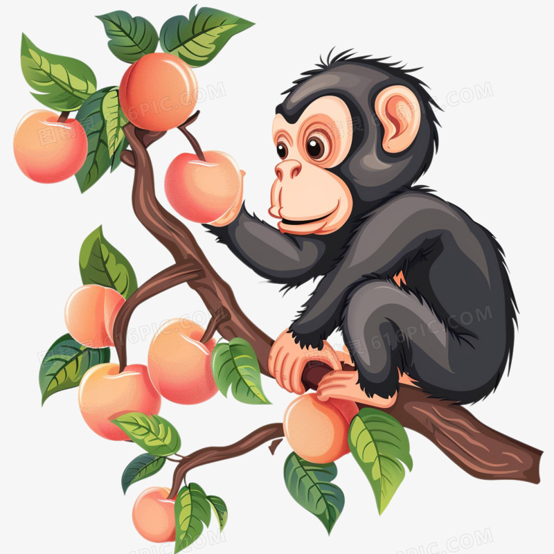 插画可爱猴子摘桃