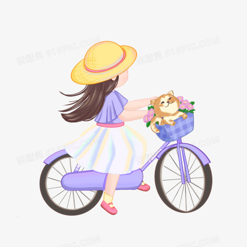 简约女孩带着猫咪一起骑车骑车素材