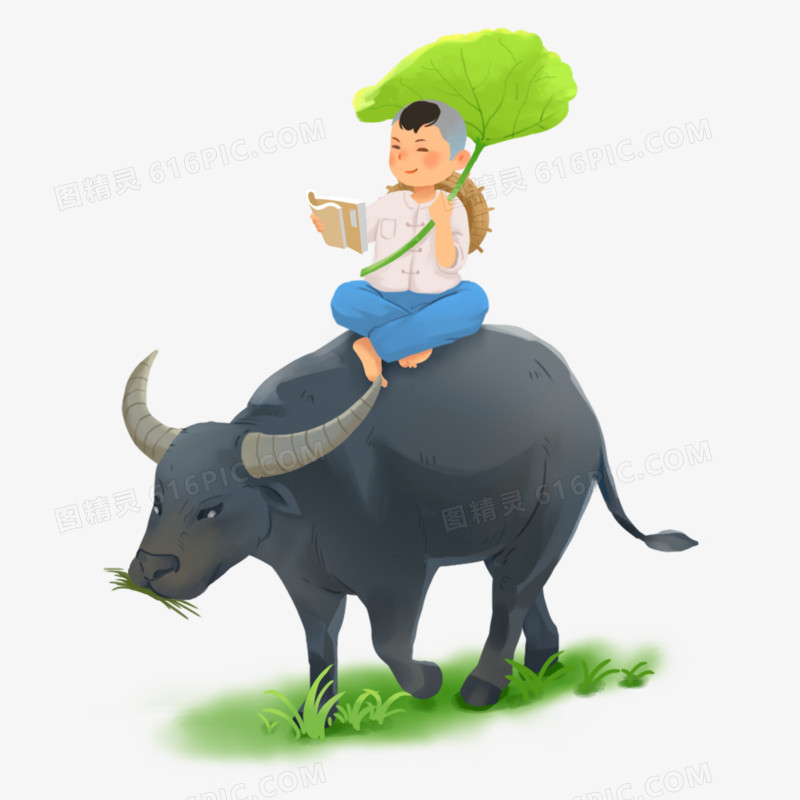 水墨风牧童在牛背上看书免抠素材