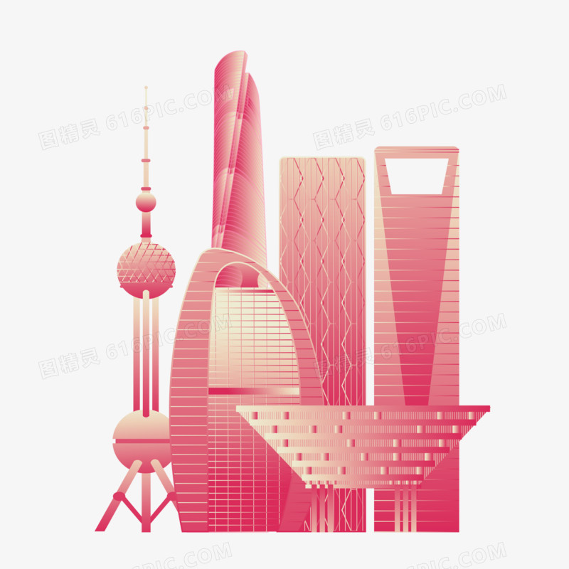 手绘上海建筑城市剪影素材