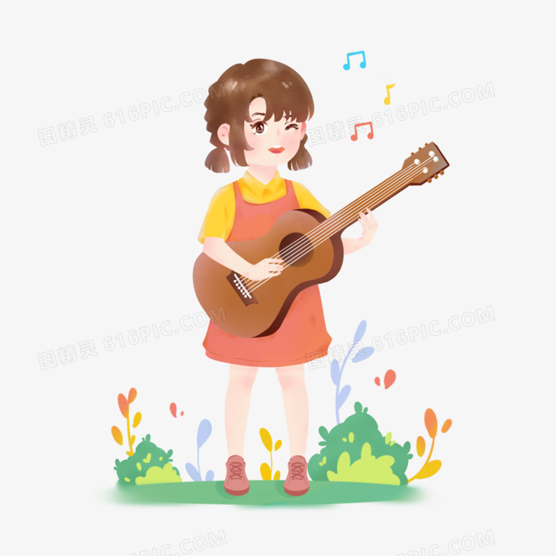 手绘卡通小女孩吉他弹唱音乐元素