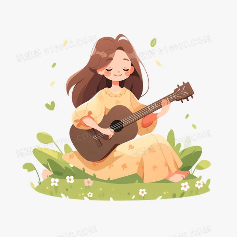 坐在草地上弹吉他的女孩免抠元素