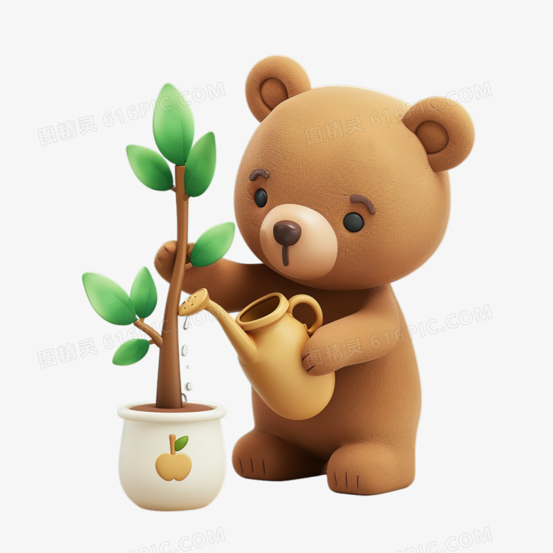可爱的小熊认真的给树苗浇水3D元素