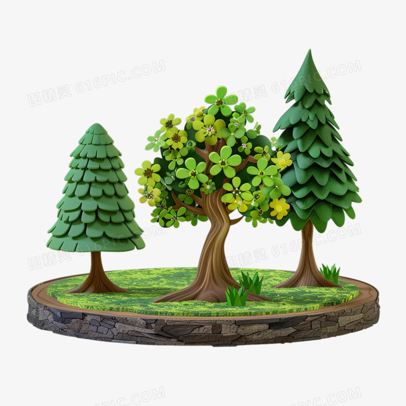 春天可爱的3D立体小树免抠元素