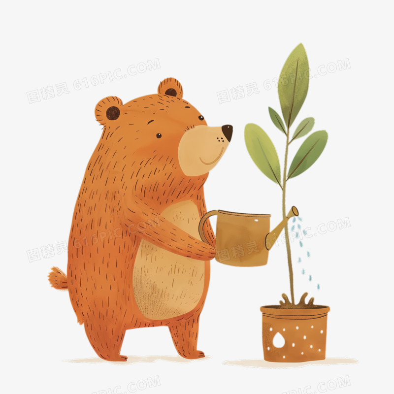 可爱的小熊认真的给树苗浇水手绘元素