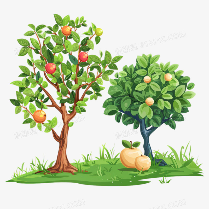 草坪上的两颗水果树卡通元素