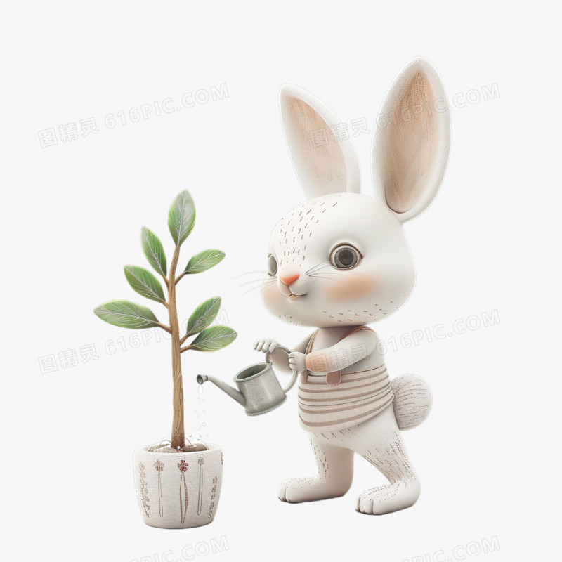 可爱的小兔子认真的给树苗浇水3D元素