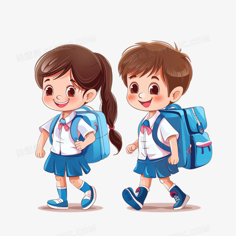 背着书包准备去上学的可爱卡通小学生