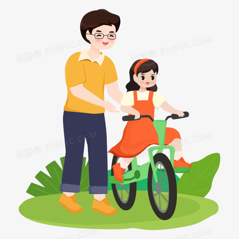 矢量父亲教女儿骑自行车免抠元素
